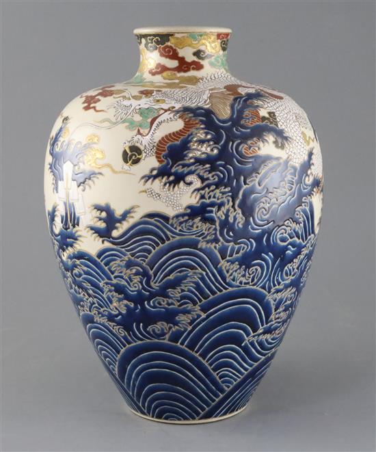 A Japanese Satsuma pottery ovoid dragon vase, Meiji period, H.31cm
